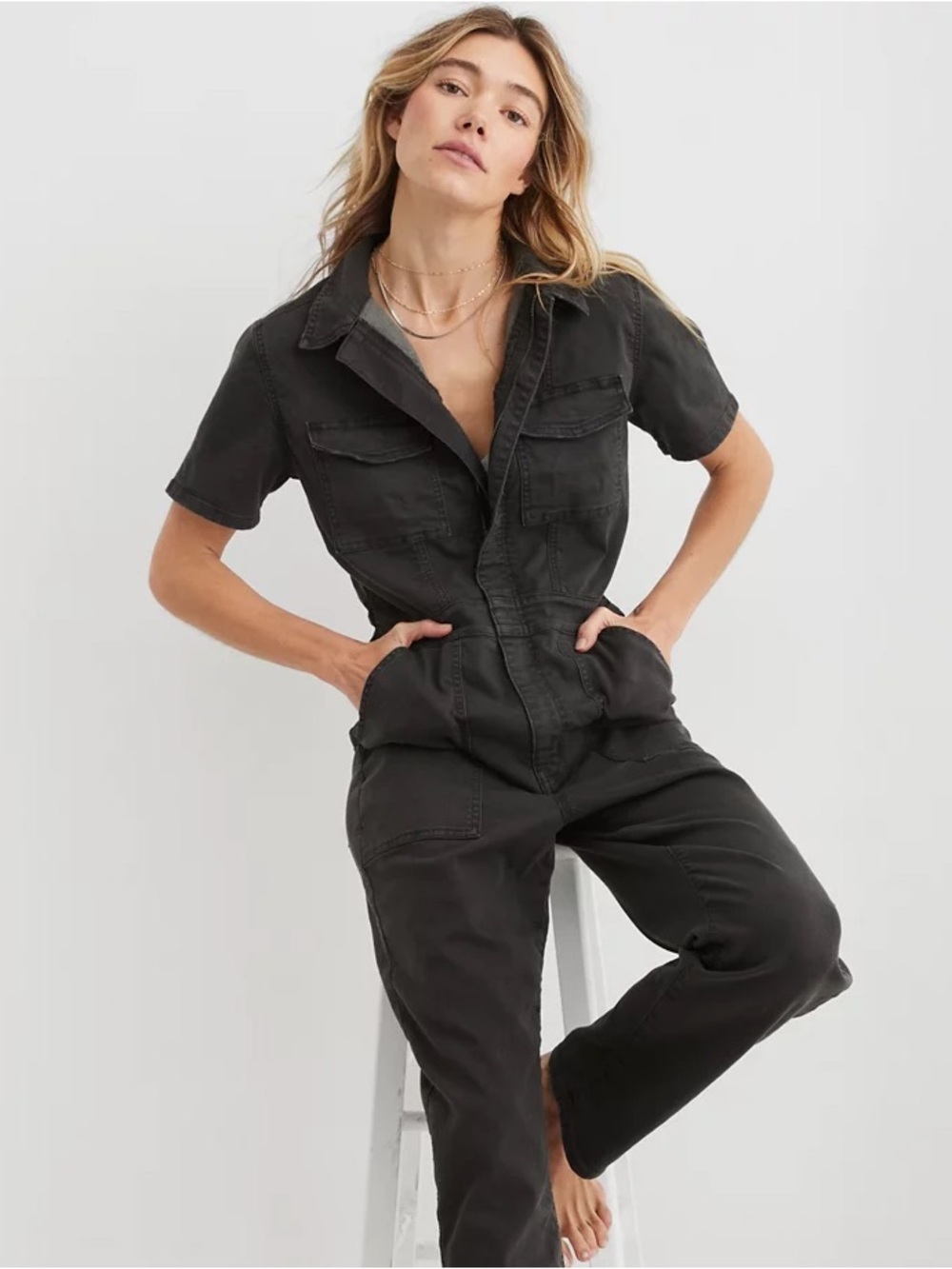 Aerie Utility Short-Sleeve Jumpsuit in Charcoal Medium